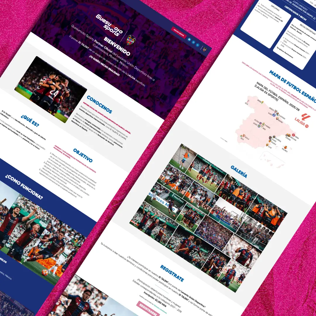 "Diseño de página web para empresa internacional de organización de eventos deportivos y formación de técnicos en fútbol - Guesumoto Sports, partner oficial del Levante UD